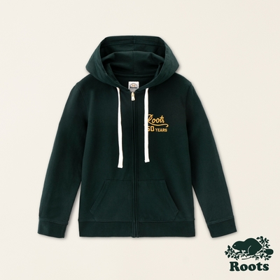 Roots女裝-#Roots50系列 光芒LOGO有機棉修身連帽外套-深綠色