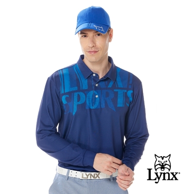 【Lynx Golf】男款吸濕排汗機能個性潮流LOGO字樣印花長袖POLO衫-丈青色