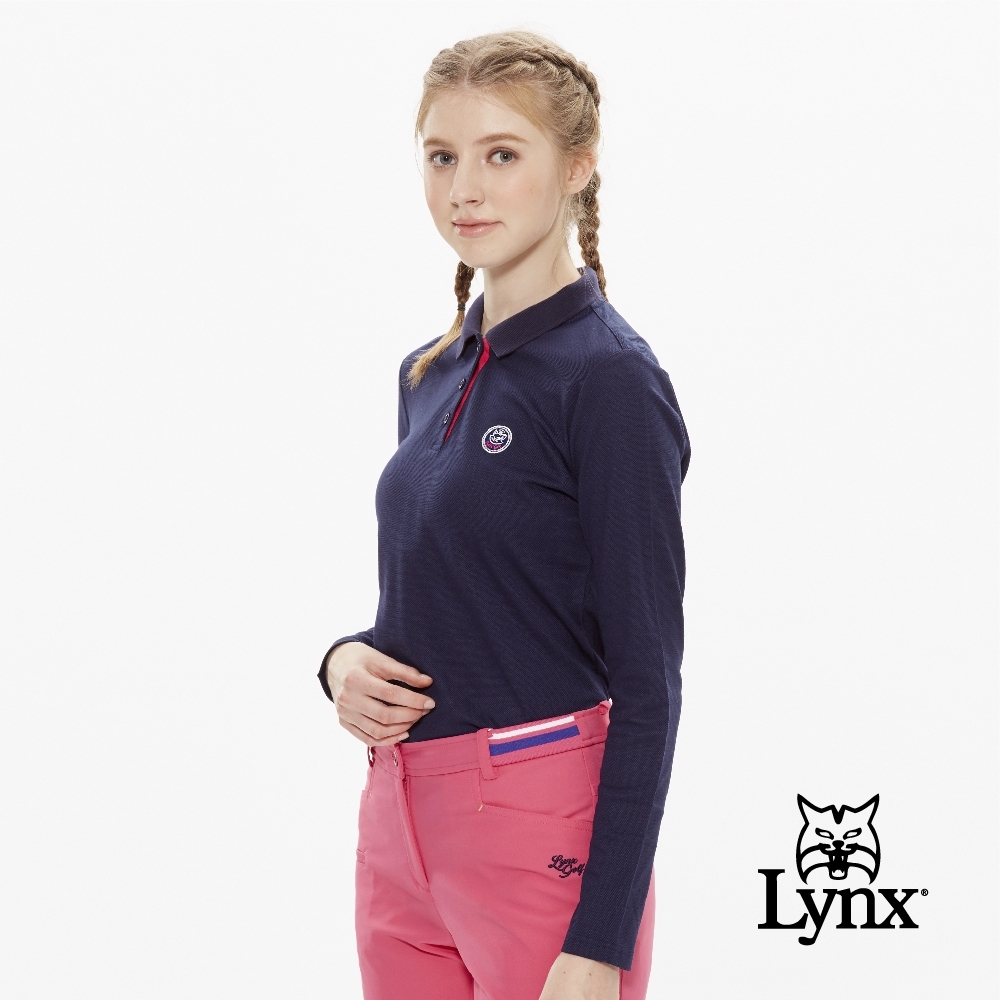 【Lynx Golf】女款吸濕排汗貓咪繡花長袖POLO衫-深藍色