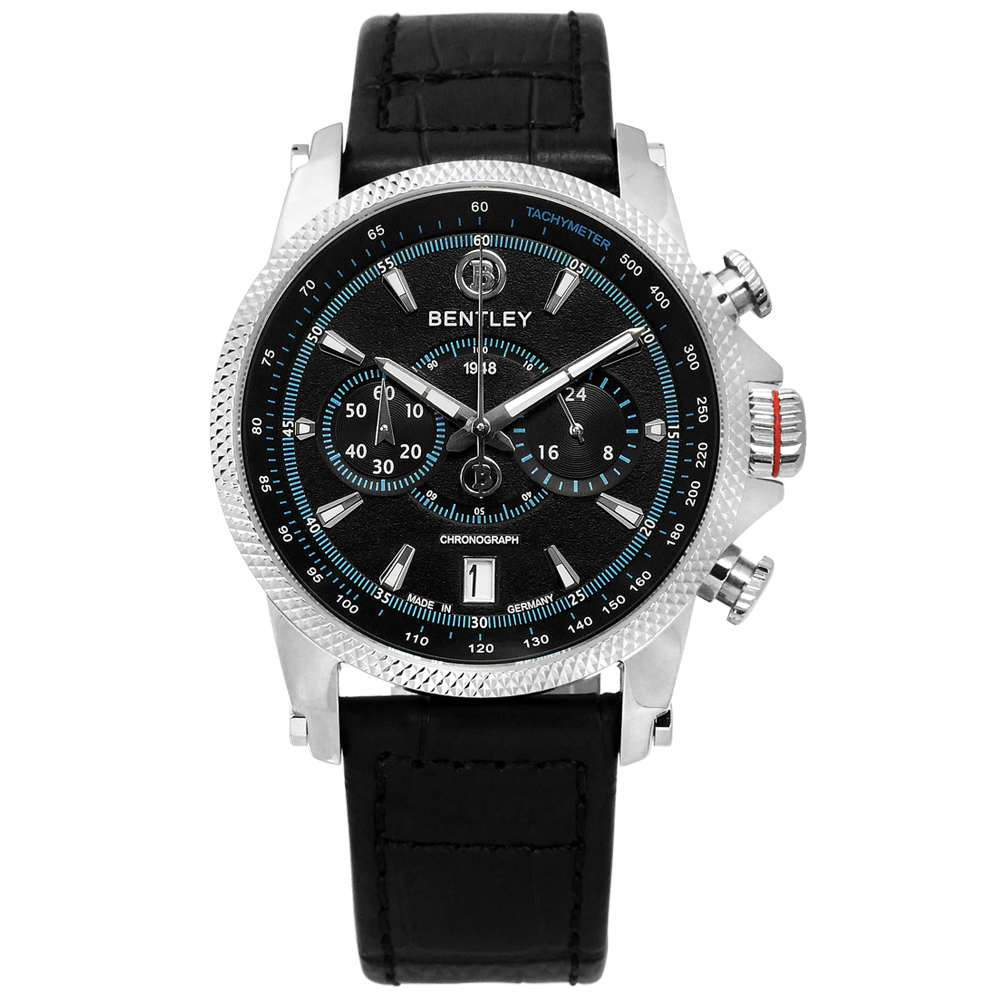 BENTLEY 賓利 德國製造 藍寶石水晶玻璃 日期 計時 壓紋真皮手錶-黑色/42mm