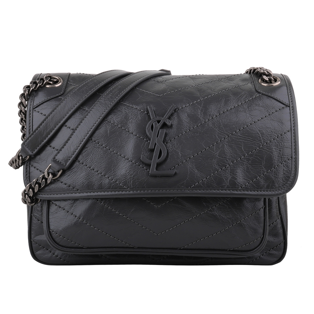 YSL YSL Niki 霧灰YSLLOGO皮革銀鍊帶肩背包(銀灰)