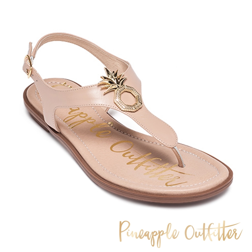 Pineapple Outfitter 時尚皮革金屬LOGO夾腳拖涼鞋-米杏色