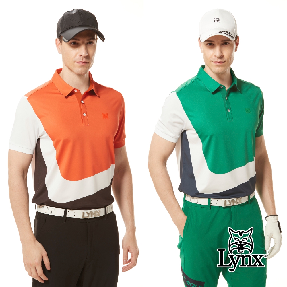 【Lynx Golf】首爾高桿風格！男款合身版吸濕排汗上下跳色曲線造型羅紋袖設計短袖POLO衫/高爾夫球衫(二色)