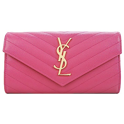 YSL MONOGRAM系列V字縫線魚子醬牛皮金屬LOGO暗釦手拿長夾(桃紅)