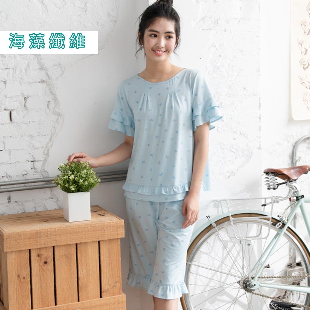 華歌爾睡衣-環保海藻纖維 M-L短袖睡衣褲(藍) 居家休閒