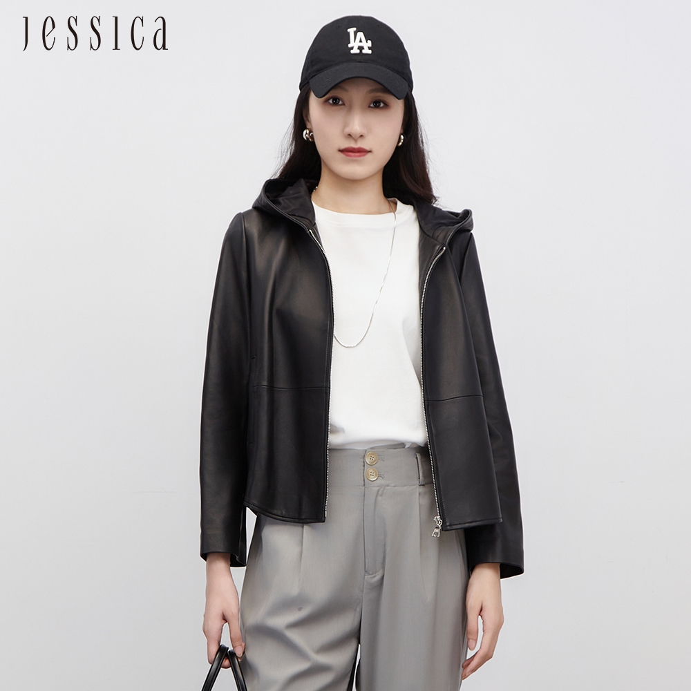 JESSICA - 簡約修身百搭柔軟羊皮連帽皮衣Y30435（黑）