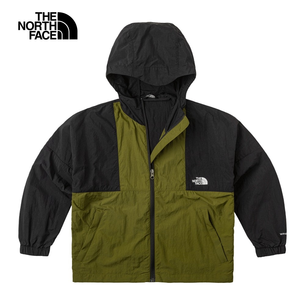 【The North Face 官方旗艦】北面兒童黑綠拼接防風防曬彈力袖口休閒連帽外套｜8998RMO