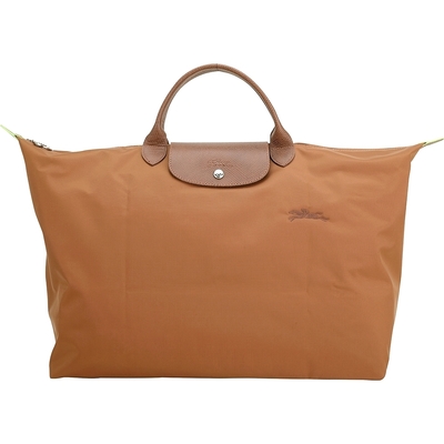 LONGCHAMP Le Pliage Green 奔馬刺繡尼龍手提旅行袋(S/白蘭地棕)