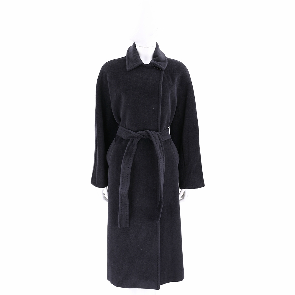 MARELLA NEGUS 純羊毛縫線飾邊排釦黑色繫帶大衣