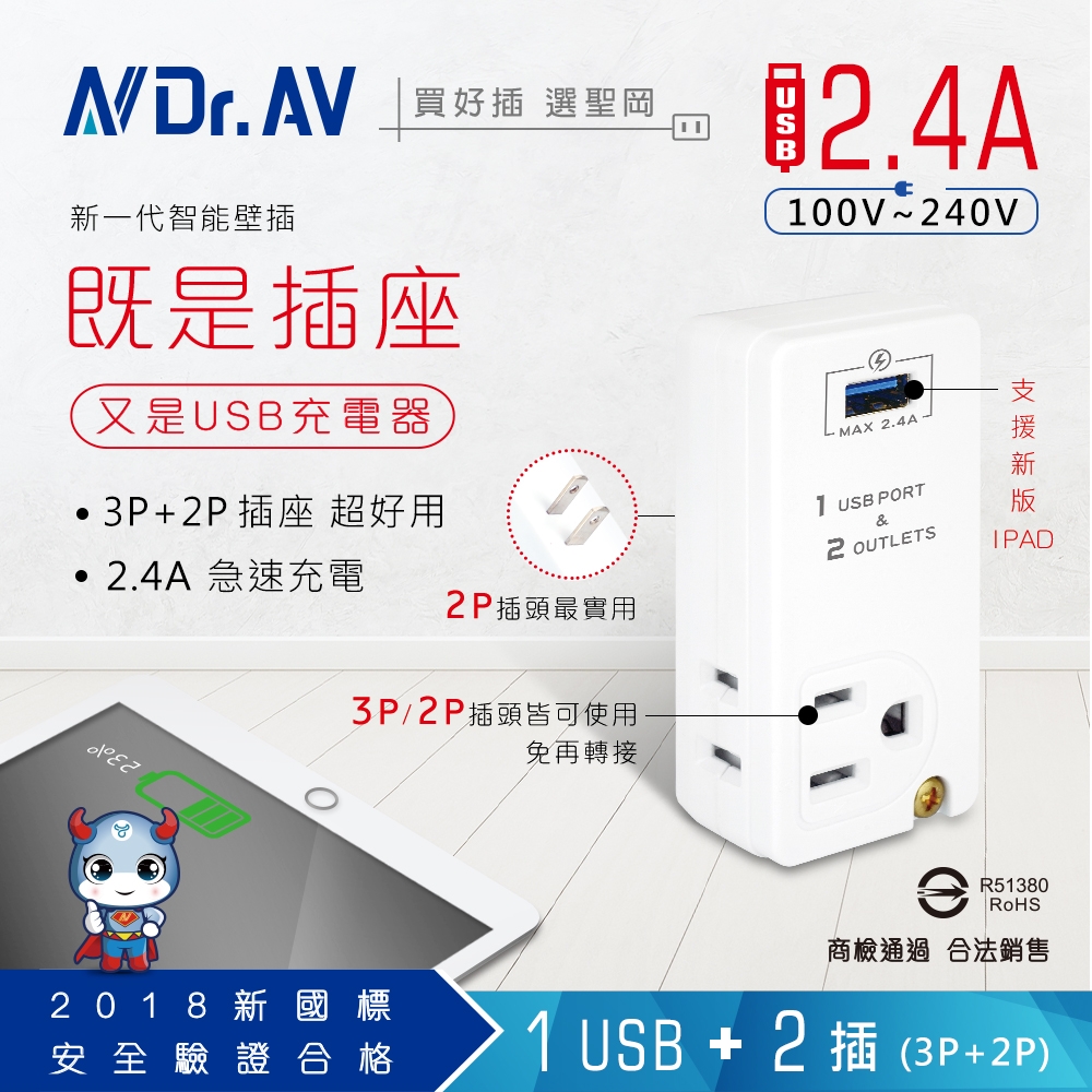 【N Dr.AV聖岡科技】TNT-62U 1USB+2插分接插座 /插頭/節能分接插座/USB/充電器/分接器/充電頭/壁插/新版安規