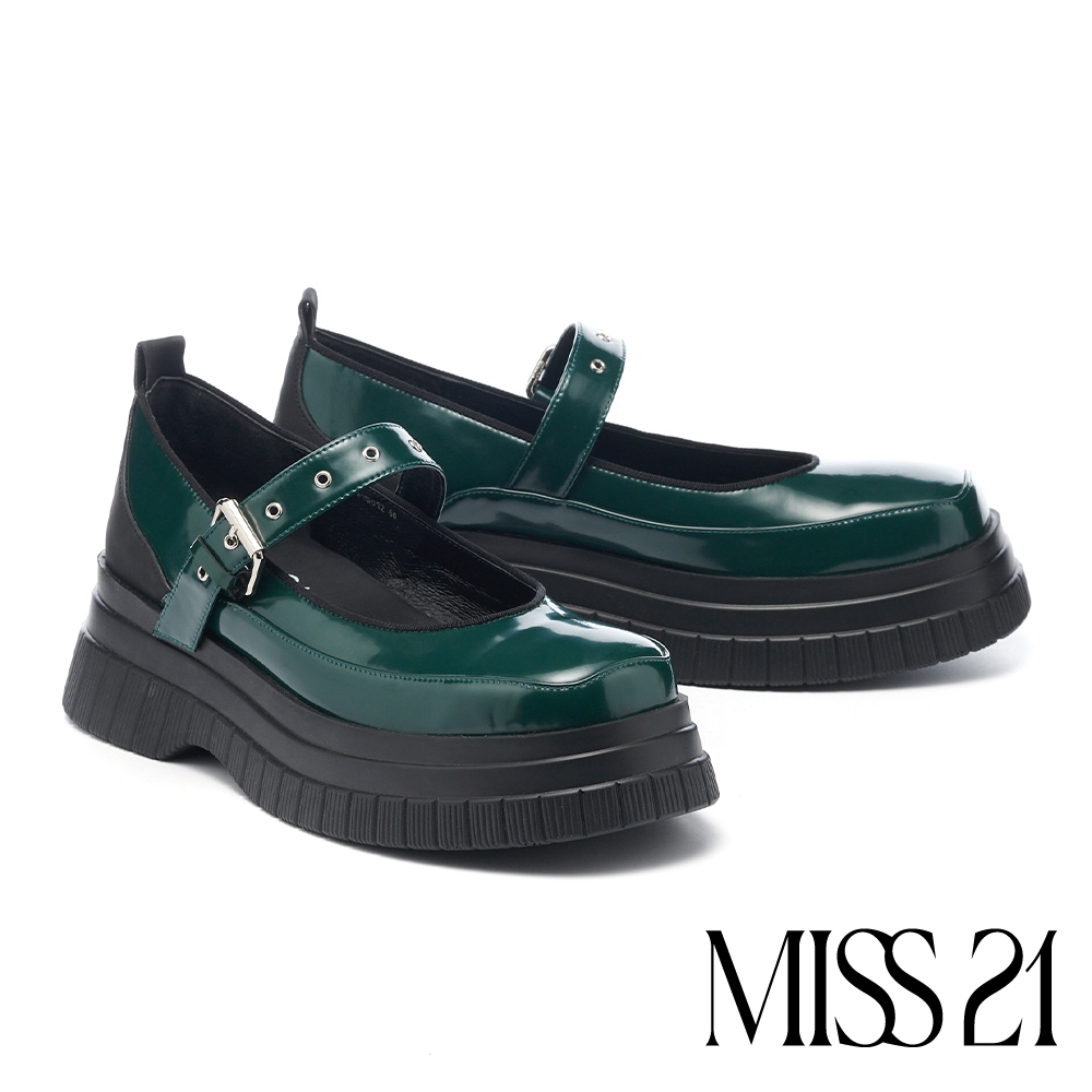 厚底鞋 MISS 21 復古個性開邊珠方釦瑪莉珍大方頭厚底鞋－綠