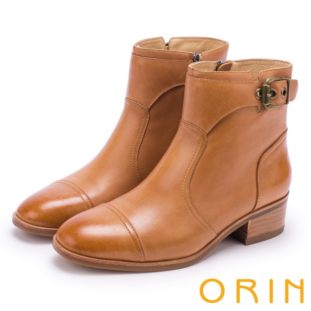 ORIN 中性帥氣 造型剪裁牛皮扣環短靴-棕色