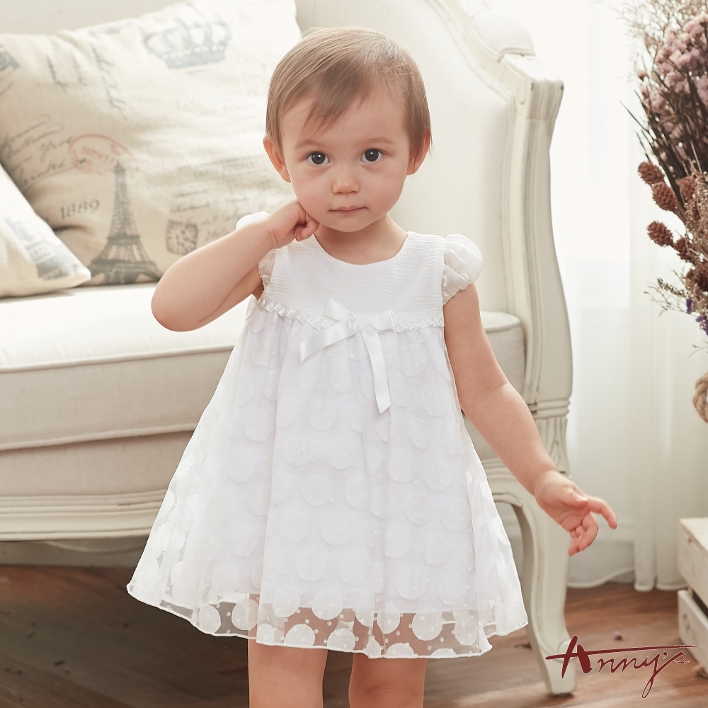 Annys安妮公主-迷霧中的光點網紗拼接春夏款公主袖洋裝*8516白色