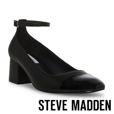 STEVE MADDEN-ELI 拼接繞踝粗跟瑪莉珍鞋-黑色