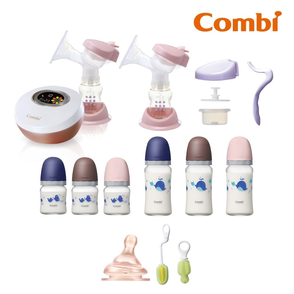 (買就送8%超贈點)【Combi】自然吸韻電動吸乳器+真實含乳寬口玻璃奶瓶120ml+240ml 組合