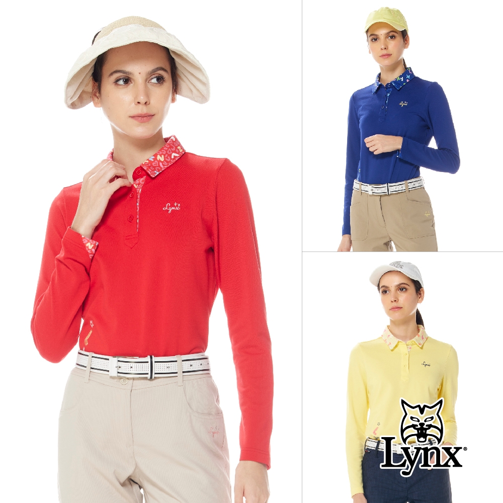 【Lynx Golf】女款內刷毛俏皮花色配布毛巾繡LOGO設計長袖POLO衫/高爾夫球衫(三色)