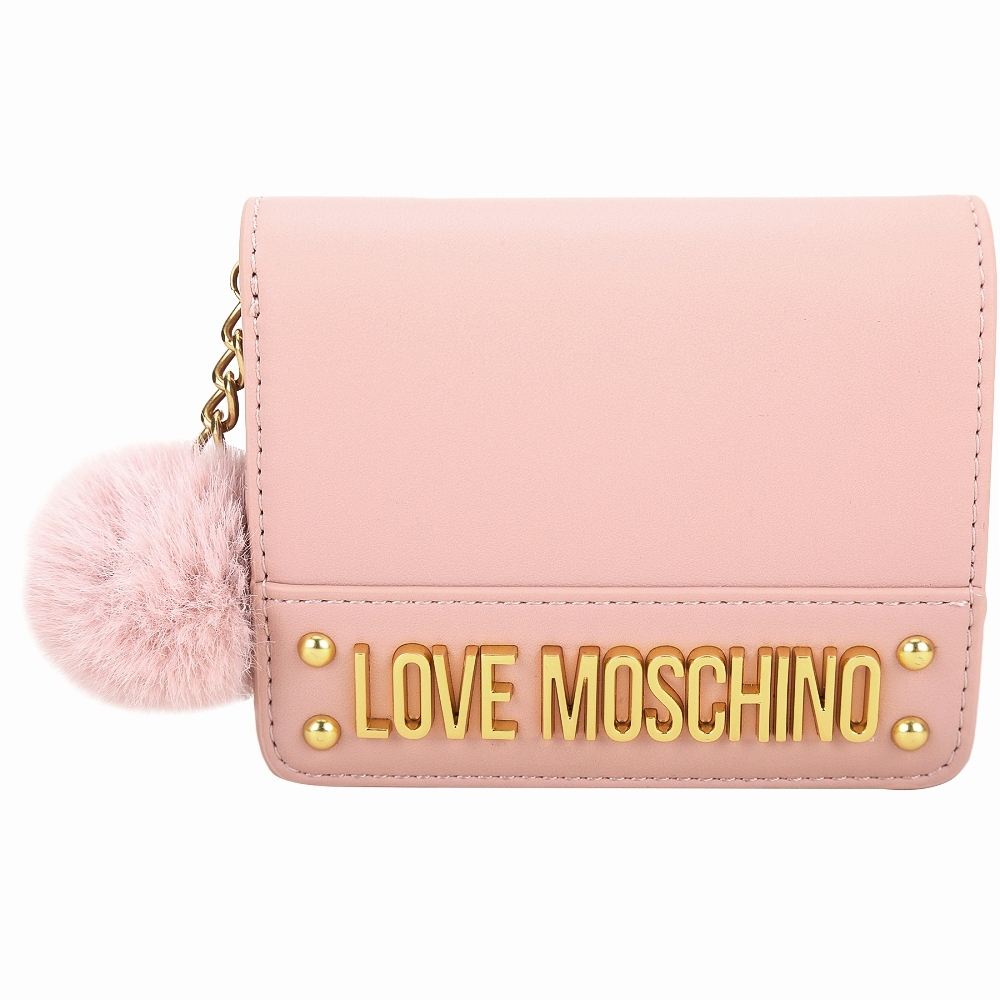 LOVE MOSCHINO 可拆毛球吊飾字母對折釦短夾(粉色)