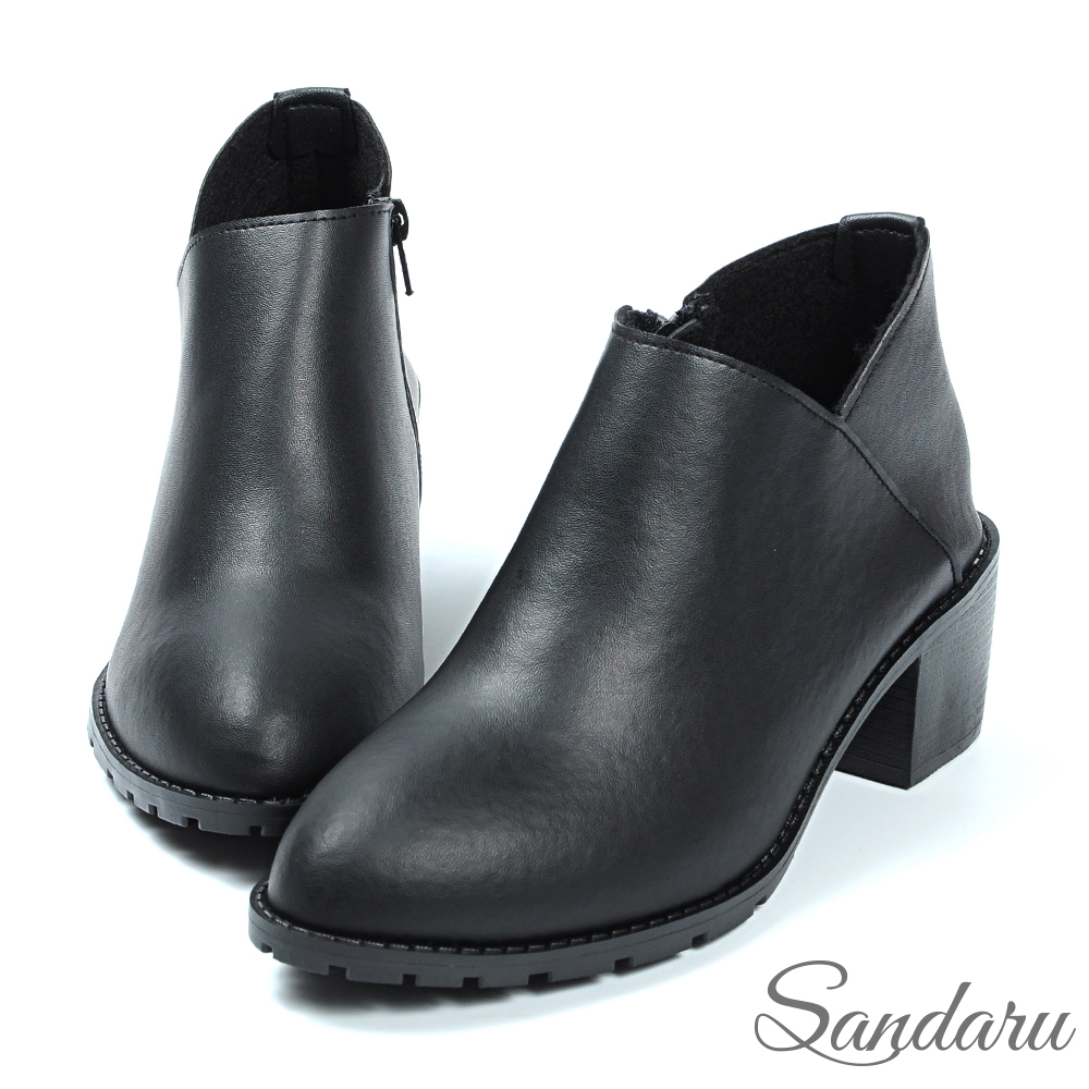 山打努SANDARU-短靴 優雅V字微尖頭粗跟靴-黑
