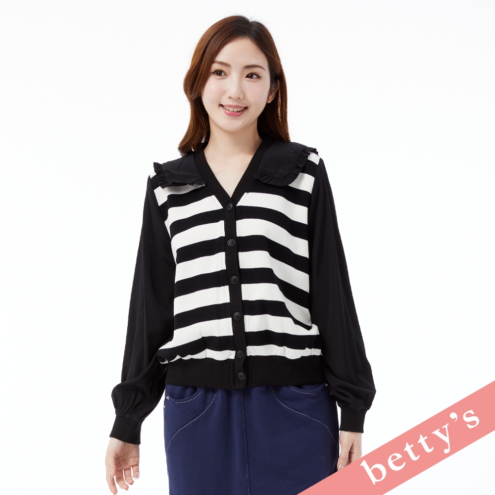 betty’s貝蒂思　公主領條紋拼接開襟上衣(黑色)