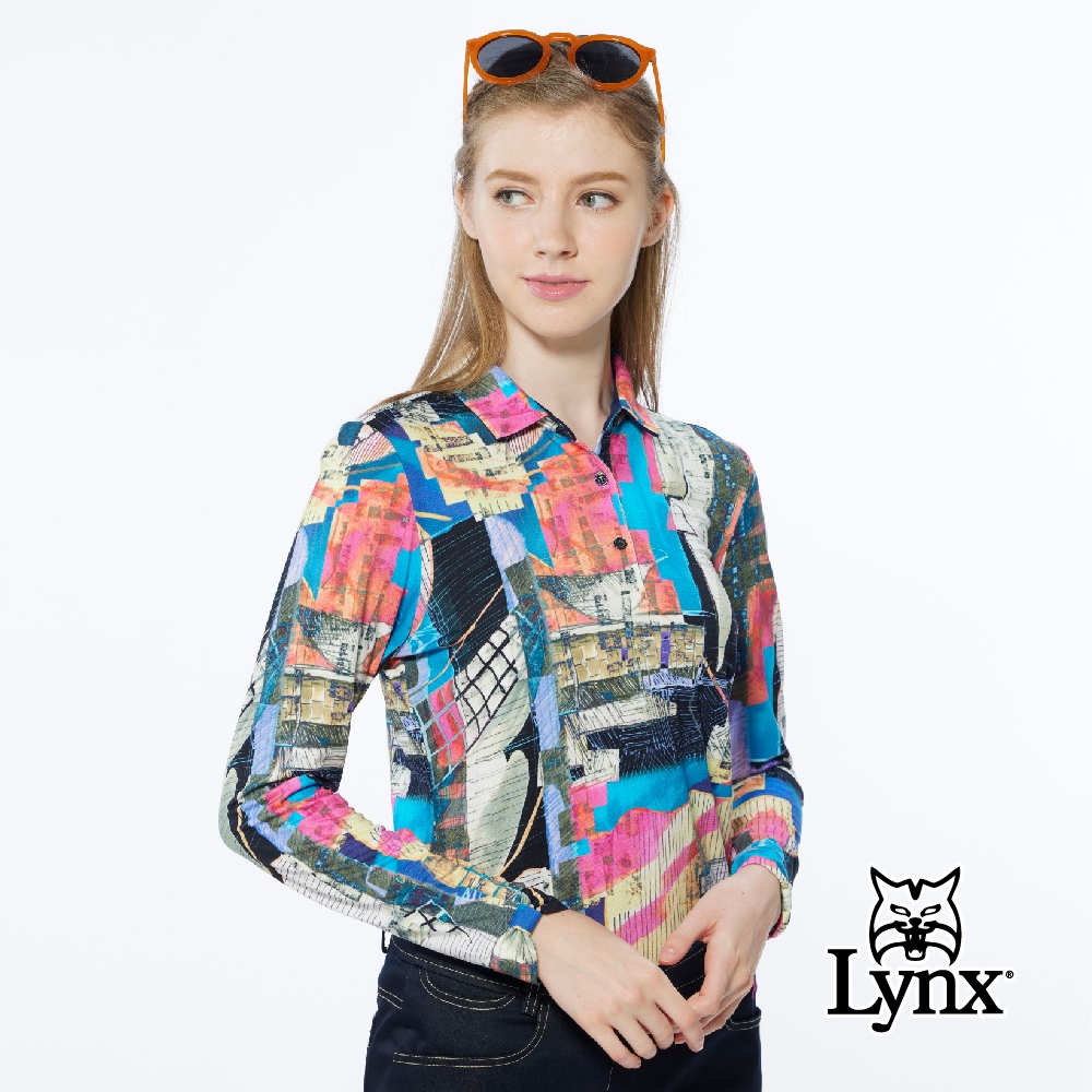 【Lynx Golf】女款進口布料蝴蝶結袖口設計幾何印花長袖POLO衫-藍色