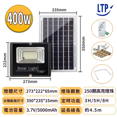 【LTP】400W LED分離式智能光控太陽能感應燈-遙控定時 太陽能分體式壁燈 LED戶外照明燈