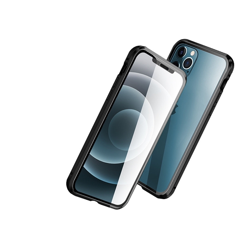 iPhone 12 Pro Max 保護殼金屬透明全包覆磁吸雙面玻璃殼手機殼黑色