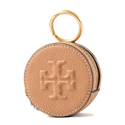 TORY BURCH THEA 浮雕LOGO荔枝紋圓型拉鍊零錢包-棕色