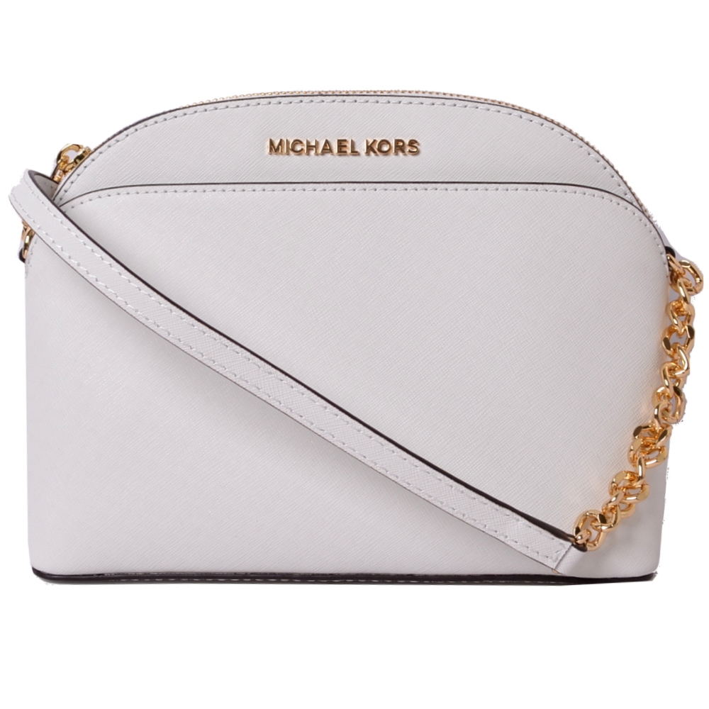 MICHAEL KORS EMMY金字LOGO素面防刮皮革前口袋斜背包-白