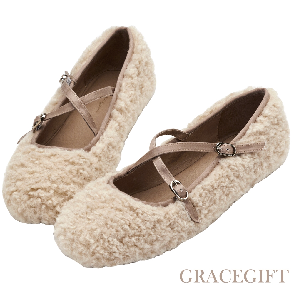 【Grace Gift】李柔聯名-暖冬甜心毛毛芭蕾平底鞋 米