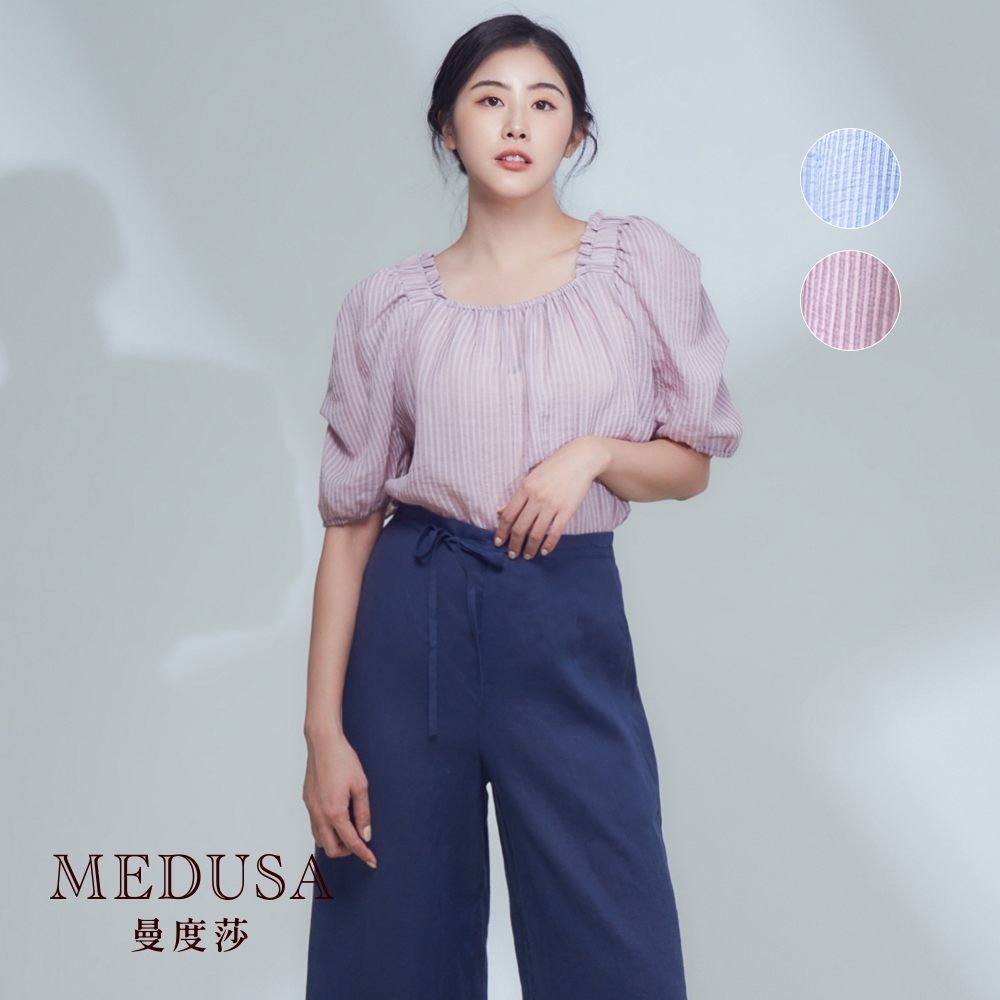 現貨【MEDUSA 曼度莎】I'Care 彈性抽皺方領直紋上衣 - 2色（F）｜女上衣 長版上衣 短袖上衣