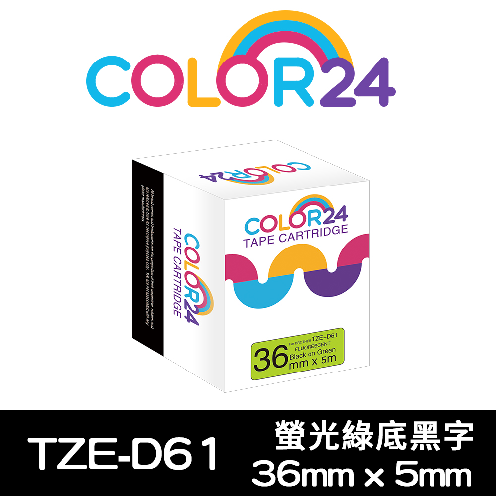 Color24 for Brother TZe-D61 綠底黑字相容標籤帶(寬度36mm)