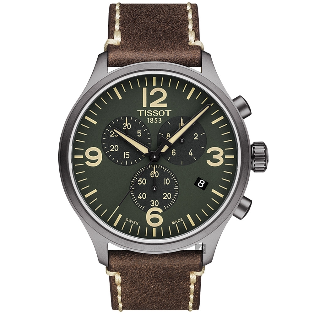 TISSOT 天梭 官方授權 韻馳系列 Chrono XL計時手錶-綠x咖啡/45mm T1166173609700