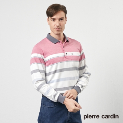 Pierre Cardin皮爾卡登 男款 定位橫條刷毛長袖POLO衫-淺紅(5205281-76)