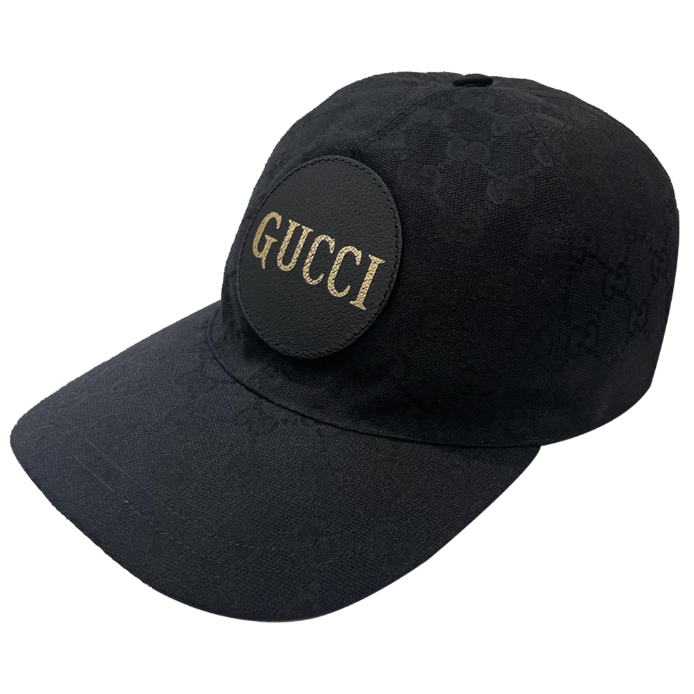 GUCCI 皮標LOGO緹花棒球帽 M號 黑色