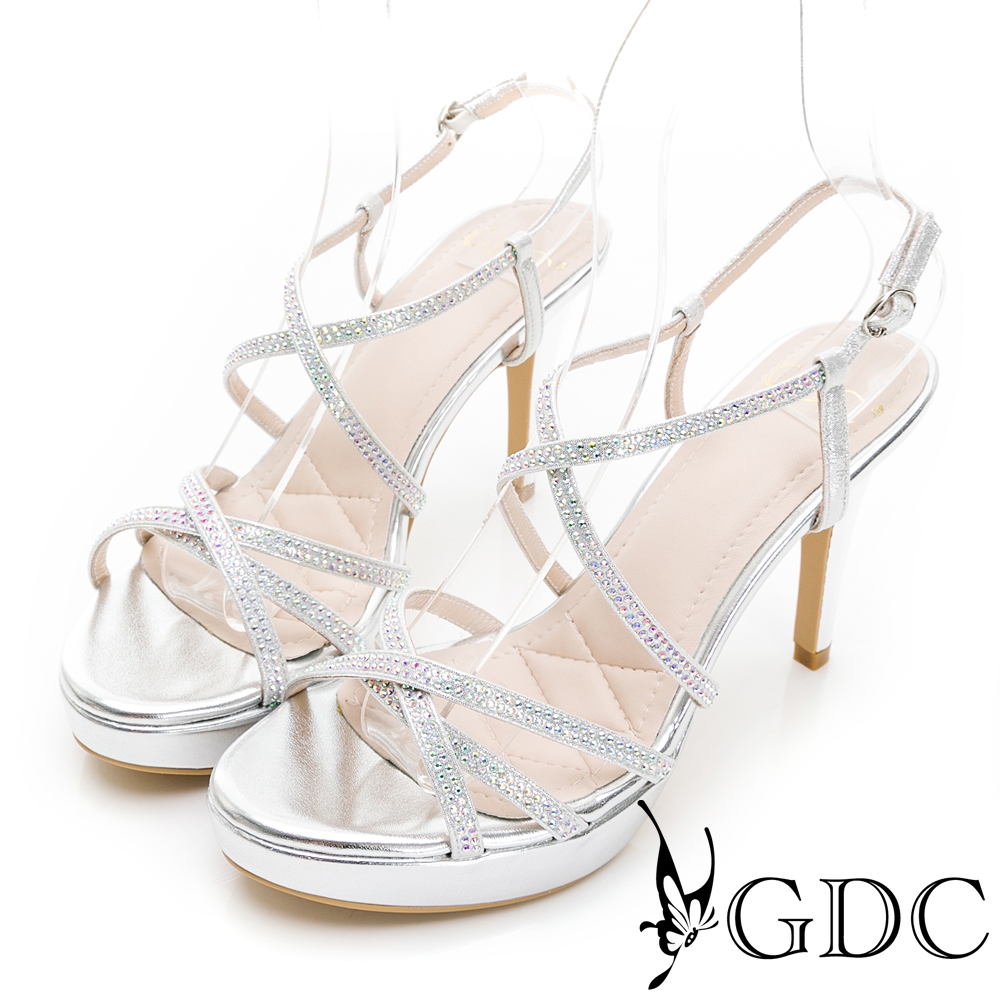 GDC-舞林女神交叉簍空細帶水鑽高跟涼鞋-銀色