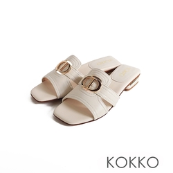 KOKKO時髦方頭金屬飾扣柔軟綿羊皮涼拖鞋白色