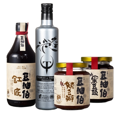 【豆油伯】 T&T特級初榨橄欖油/家常必備醬料組 (缸底醬油500ml+辣豆瓣280g+黑豆豉280g+ T&T橄欖油500ml)