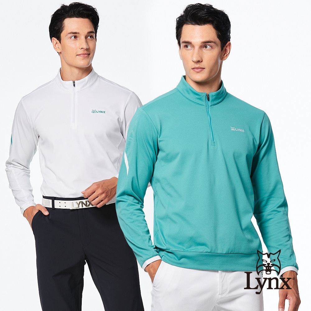 【Lynx Golf】男款吸溼排汗抗UV內刷毛保暖舒適夜光織帶凹凸印造型長袖立領POLO衫(二色)