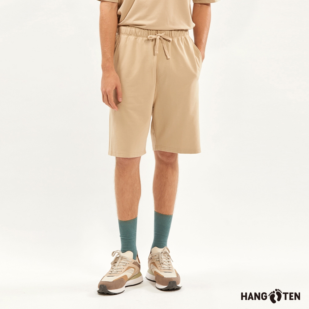 Hang Ten-男裝-RELAXED FIT純棉毛圈布鬆緊腰頭抽繩寬鬆針織短褲-卡其