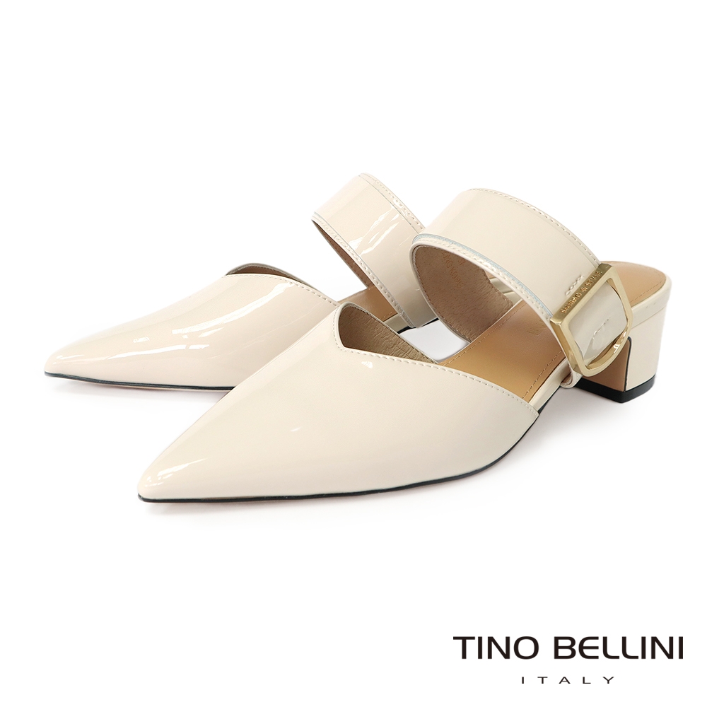 Tino Bellini 尖頭V口牛漆皮寬帶釦環粗跟穆勒鞋-米白