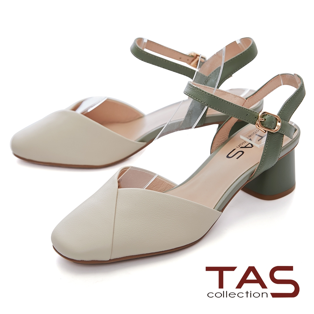 TAS復古雙色異材質拼接後鏤空跟鞋-質感米