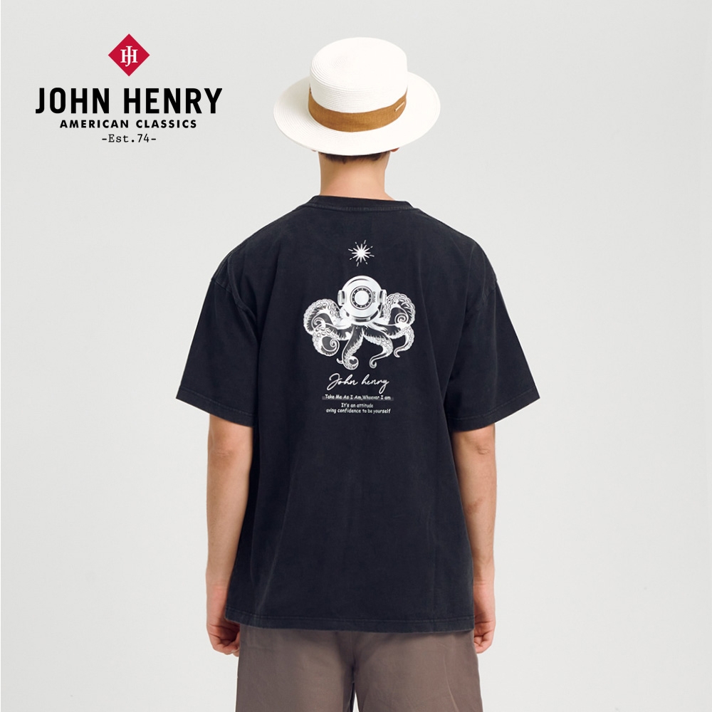 JOHN HENRY 海底章魚背後印花水洗T恤-二色 (黑色)