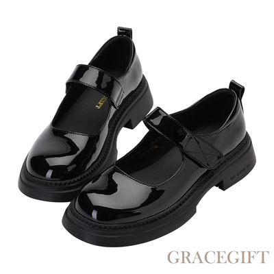 【Grace Gift】魔鬼氈俏皮圓頭瑪莉珍鞋 黑
