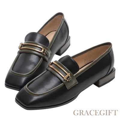 【Grace Gift】逸歡聯名-英倫金屬方頭低跟樂福鞋 黑
