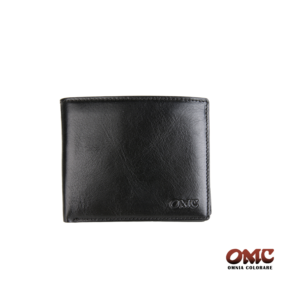 OMC 義大利進口牛皮8卡上翻透明窗零錢短夾-黑色