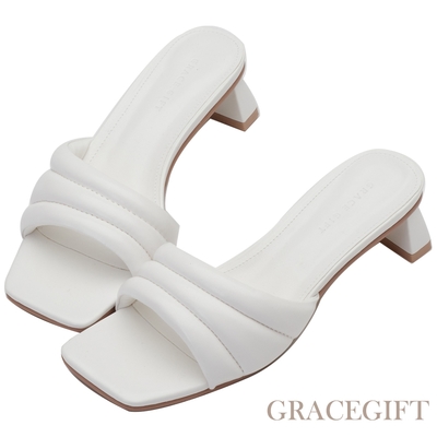 【Grace Gift】甜美雲朵方頭中跟拖鞋 白