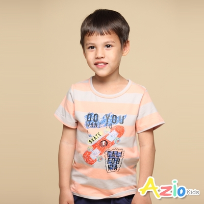 Azio kids美國派 男童 上衣 手繪滑板印花寬條配色短袖上衣T恤(粉)