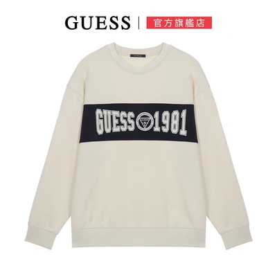 【GUESS】美式休閒LOGO撞色圓領長袖T-兩色任選