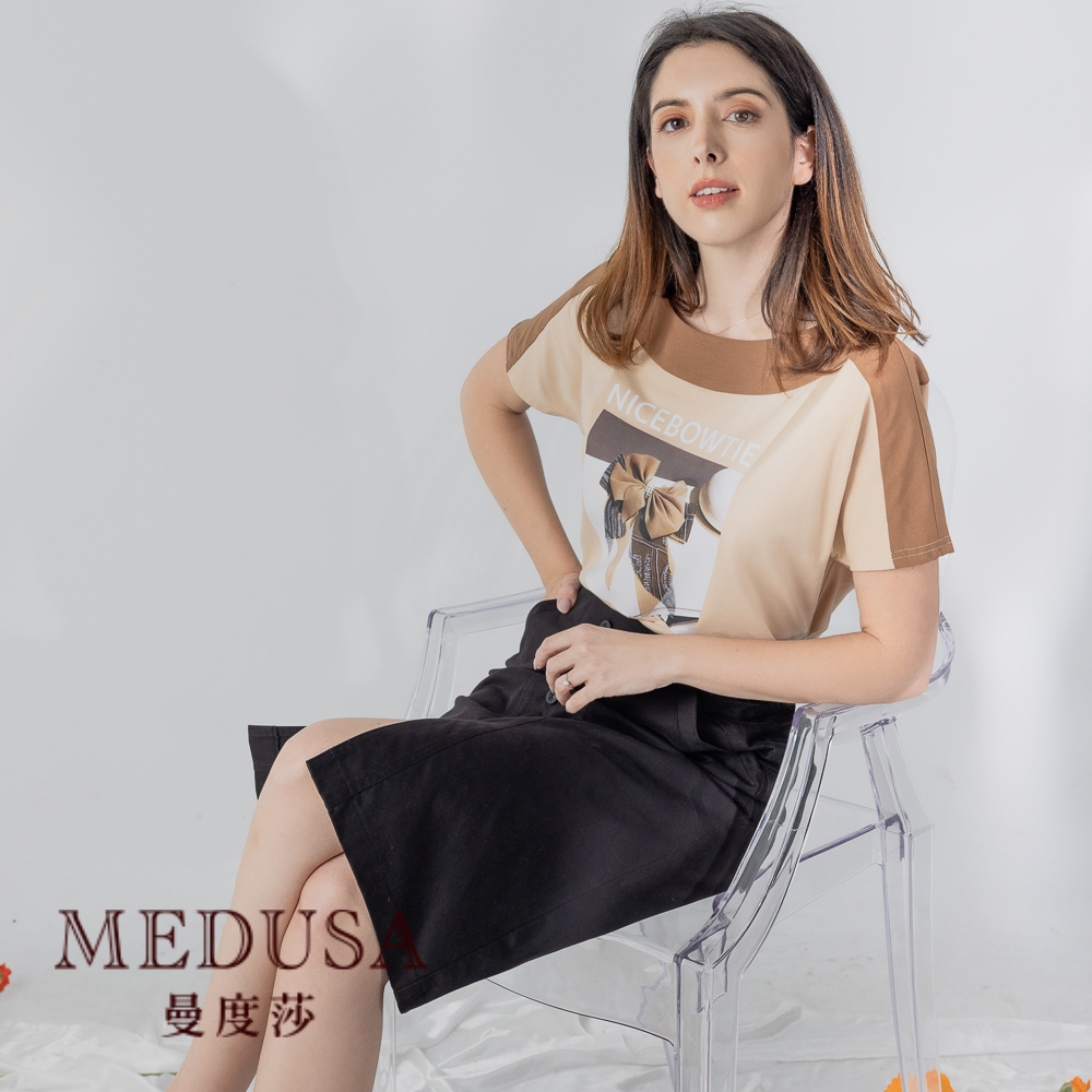 現貨【MEDUSA 曼度莎】蝴蝶結印圖拼色落肩T恤（M-XL）｜女上衣 短袖上衣 短袖T恤