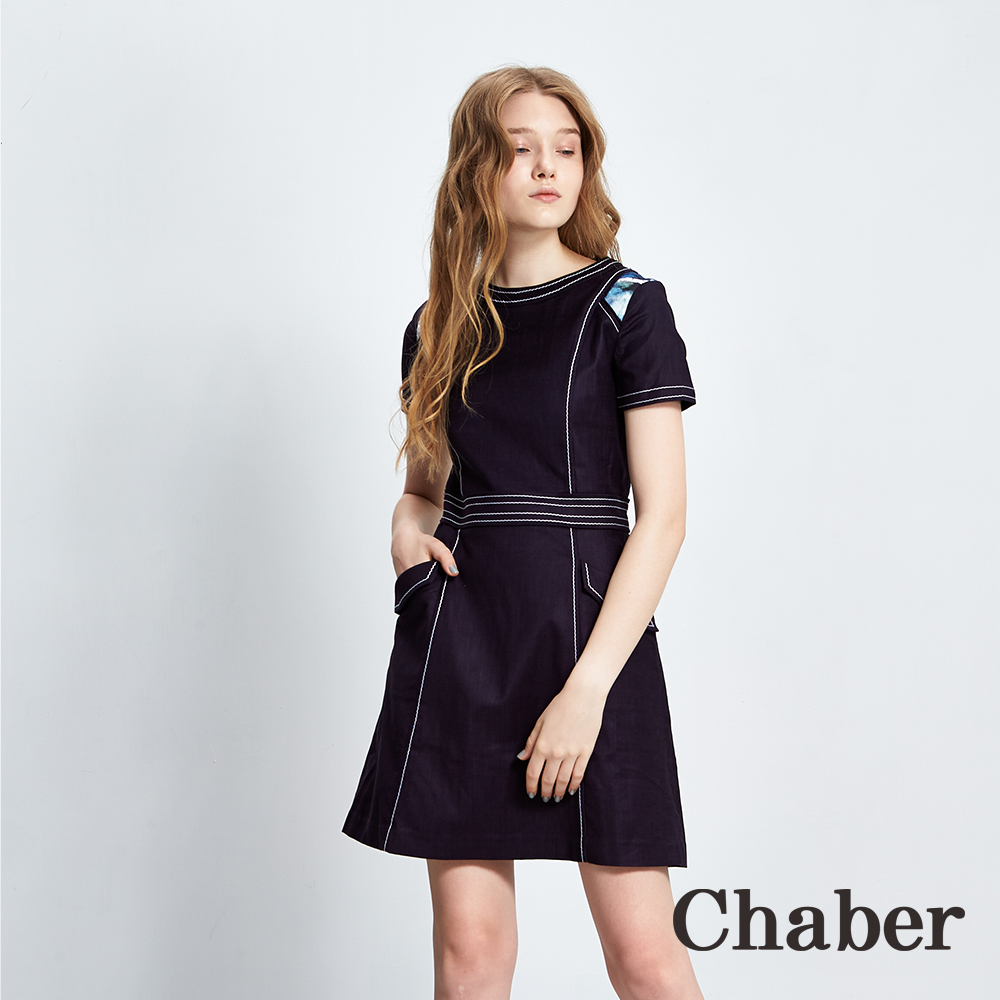 Chaber巧帛 簡約拼接印花短袖造型洋裝